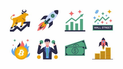 Vector Icon Set for Finance, Cryptocurrency, Stock Market, Business Growth, Wall Street, Bitcoin, Trading, and Investment Graphics