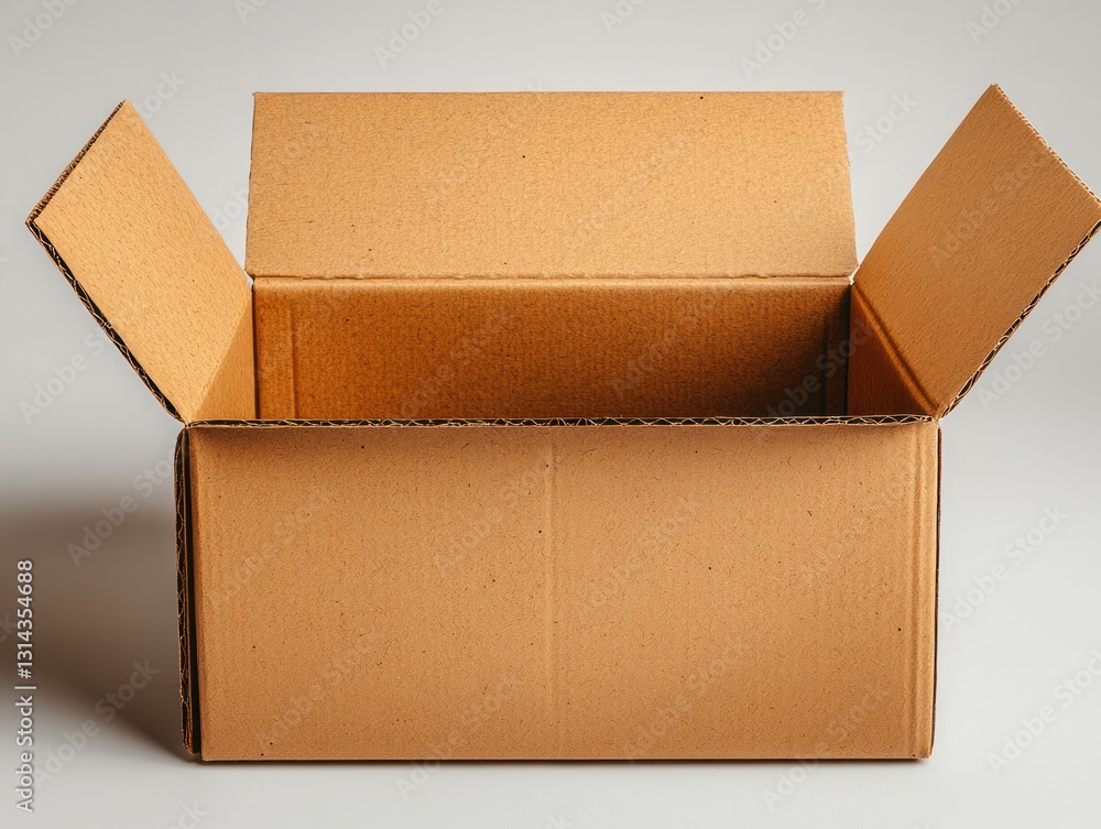 Poster photorealistic minimalist cardboard box mockup open flaps soft texture shipping package box