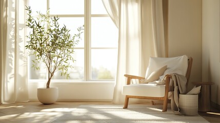 Sunlit serene interior with minimalist chair and potted plant creating harmony