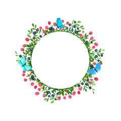 Watercolor wreath on white background. Summer frame wild flowers with bumblebees, butterflies and dragonflies. Perfect for postcard, poster, card, invitations, wedding, birthday.