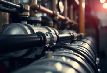 Naklejka premium Hydraulic pipes connect and operate heavy machinery, highlighting precision engineering in an industrial facility during daylight hours.
