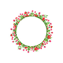 Red cowberry and clover flowers background. Set of round frames of watercolor berries and clover, dragonflies, butterflies, bumblebees. Clip art, design element.