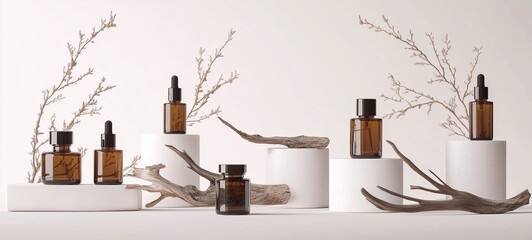 Amber Glass Bottles with Droppers Natural Decor Mockup for Essential Oils or Serum
