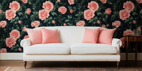 Cozy Interior with Minimalist Sofa and Floral Wallpaper in Victorian Style