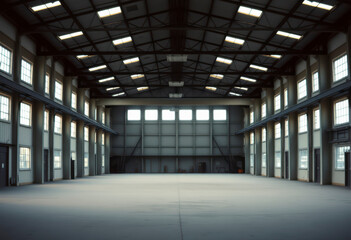 Vast empty factory space features high ceilings, large windows, and concrete floor, creating an industrial atmosphere filled with potential.