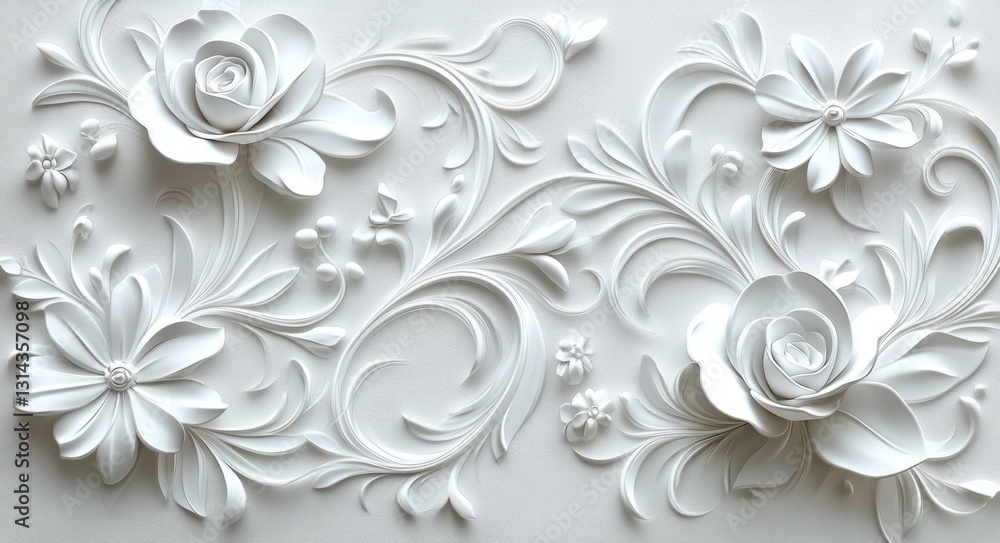 Poster white floral embossed pattern with intricate swirls and textured design