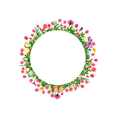 The watercolor wreath on a white background. Summer frame with clover and wildflowers, butterflies, dragonflies and bumblebees. Flower design design. Ideal for cards, poster, postcards, invitations