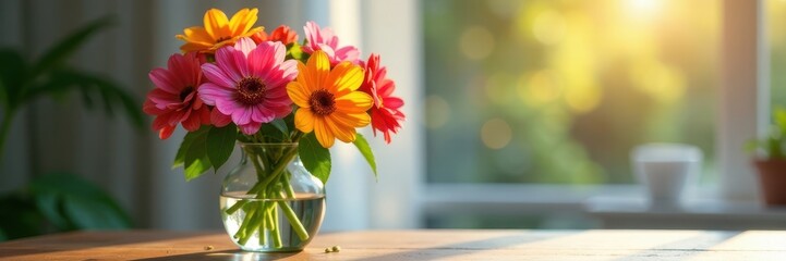 Fototapeta premium Vibrant blooms in glass vase, sunlight streams , beauty, oil, vintage
