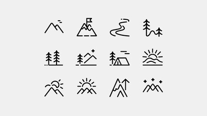 Mountain and Nature Vector Icon Set for Outdoor Adventure, Camping, Hiking, and Travel Design Projects in Flat Style
