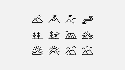 Mountain and Nature Vector Icon Set for Outdoor Adventure, Hiking, Camping, and Exploration Themes - Ideal for Travel and Recreation Projects