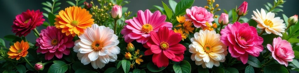 Vibrant bouquet, various blooms, lush greenery, arrangement, vibrant, picture