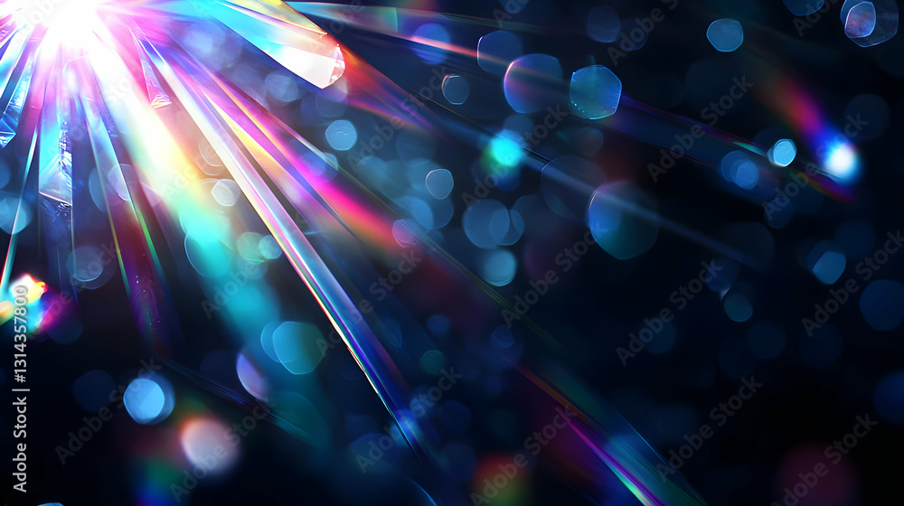 Aufkleber vivid rainbow prismatic light beams refracting through a dark blurred background with bokeh effect a