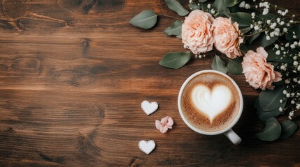 Fototapeta premium Enjoy a heart-shaped latte art coffee surrounded by pink satin fabric and eucalyptus leaves, ideal for a romantic Valentine's Day