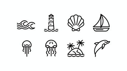 Ocean Icons Vector Set: Lighthouses, Jellyfish, Sailboats, Shells, Tropical Islands, and Dolphins for Coastal and Nautical Designs