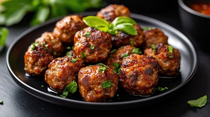 Roasted Meatballs on Dark Plate
