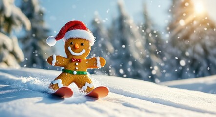 Gingerbread Man Skiing in Winter Wonderland with Santa Hat Fun Adventure Holiday Sport