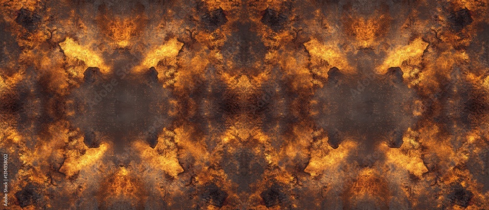 Poster symmetrical abstract background of fiery orange and brown rust texture, creating a dramatic and inte