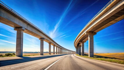 Majestic concrete overpass stretches into the horizon under a brilliant clear blue sky with not a cloud in sight, concrete bridge, distance