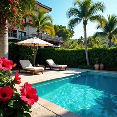 Vibrant hibiscus and bougainvillea border a pristine pool , red, bloom