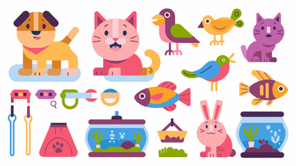 Fototapeta premium Pet Vector Icon Set Featuring Dogs, Cats, Fish, Birds, and Accessories for Animal Lovers, Illustrators, and Graphic Designers