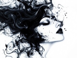 Fototapeta premium Monochrome dreamscape portrait of a woman with fluid hair trails