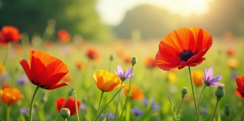 Obraz premium Vibrant poppies & cornflowers in sun-drenched meadow, countryside, artistic, idyllic