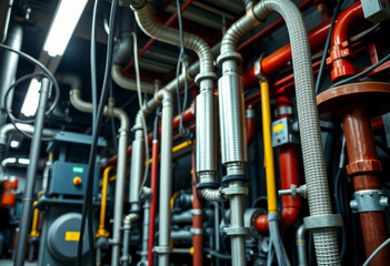 Cables and piping connect various machinery components in a bustling industrial facility, highlighting essential operational elements.