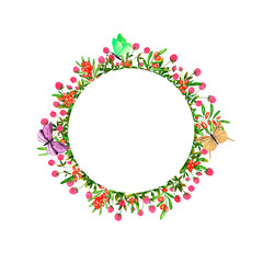 Set of round frames with watercolor sea buckthorn berries and wild flowers, butterflies, dragonflies and bumblebees. Clip art, design element.