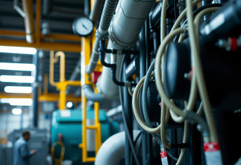 Cables and piping connect various machinery components in a bustling industrial facility, highlighting essential operational elements.