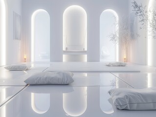 Serene Minimalism, A White Sanctuary with Arched Openings and Soft Pillows