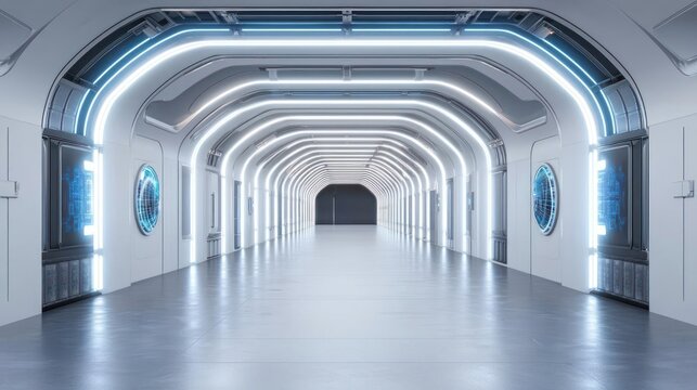 Modern Futuristic Corridor Interior With White And Blue Lights And Geometric Shapes