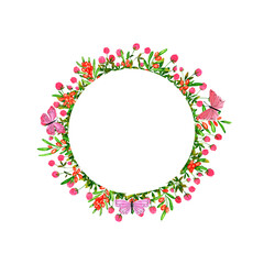 Set of round frames with watercolor sea buckthorn berries and wild flowers, butterflies, dragonflies and bumblebees. Clip art, design element.