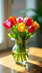 Fototapeta premium Vibrant tulips in a glass vase, sunlight on wood table, home decor, colorful flowers