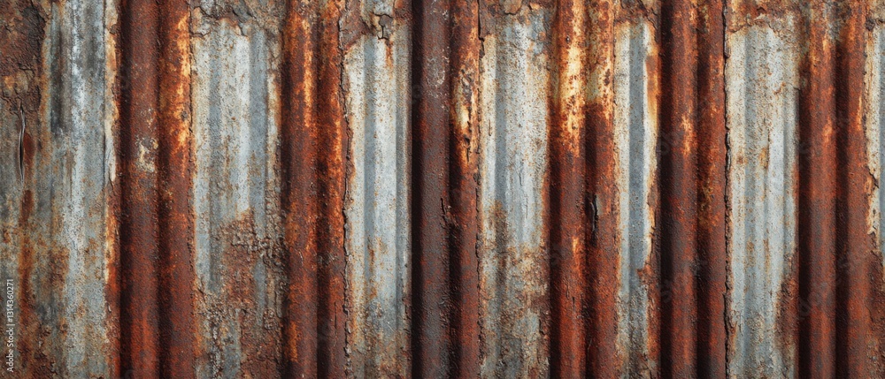 Poster distressed corrugated metal sheet with rust and weathered texture, creating an abstract industrial b