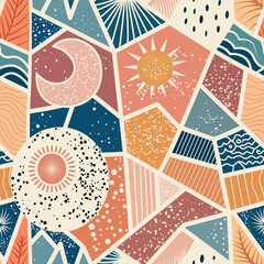 Vibrant geometric pattern featuring sun and moon motifs in playful colors and shapes