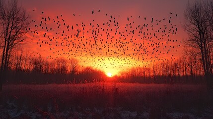 Flock of birds at sunrise over frosty field