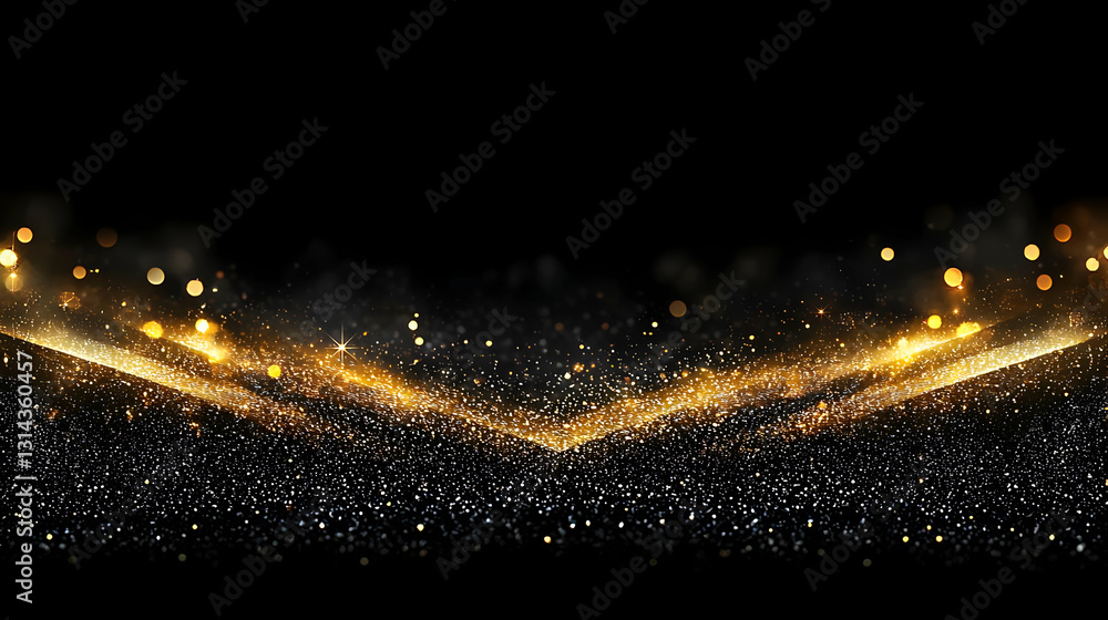 Poster gold glitter sparkles on a black background with a wave of light effect and abstract texture