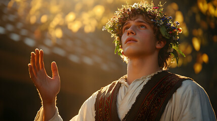 Youthful figure, floral crown, woodland scene, prayerful pose