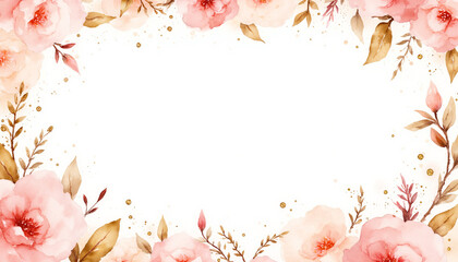 Floral watercolor border in pink and gold tones with copy space