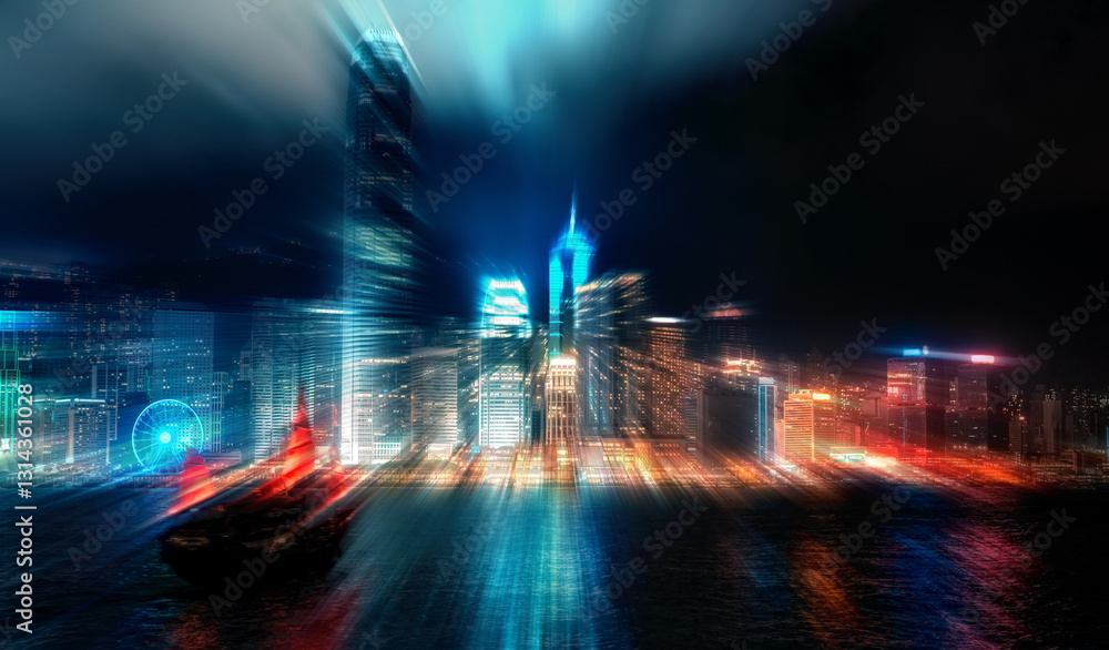 Poster hong kong cityscape at night with radials and motion blur effect. lights streak across the dark sky 