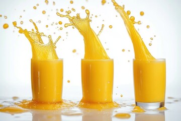 Set of Four Splashing Orange Juices in Glasses with Flying Drops on White Background Isolated for Advertising and Branding