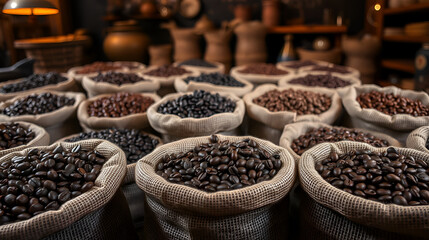 Assortment of Premium Organic Coffee Beans in Burlap Sacks with Dramatic Lighting and Vintage Setting