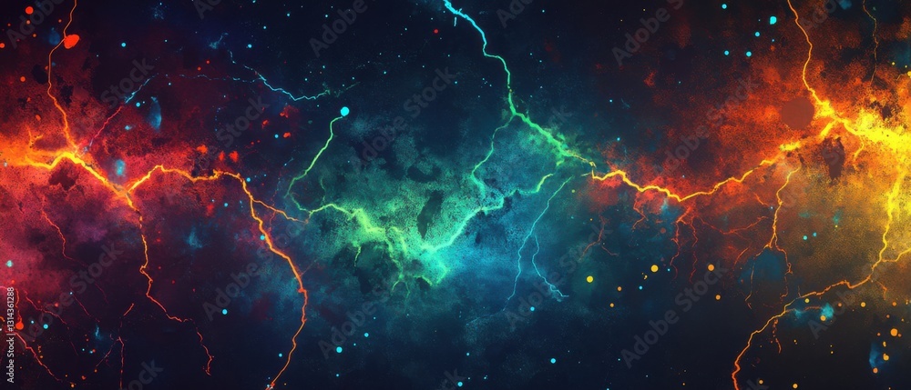 Poster vibrant cosmic nebula background with lightning strikes and glowing particles abstract space art wit