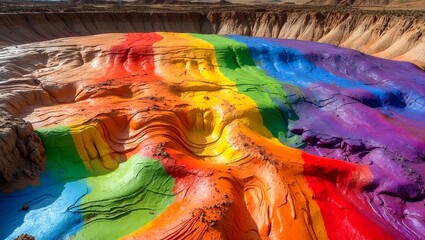 Vibrant rainbow colored mud pit with distinct bands