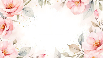 Obraz premium Watercolor flowers with leaves on white background, floral frame with copy space