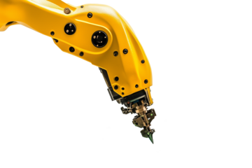 Robotic arm efficiently assembles electronic components isolated on a white or transparent background 