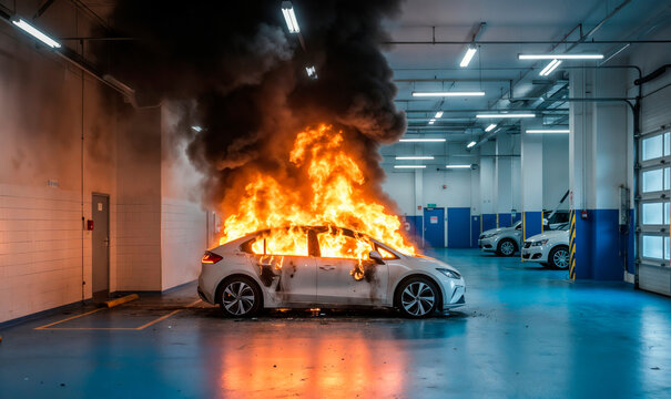 Scene of an electric car on fire in a public garage with other cars parked