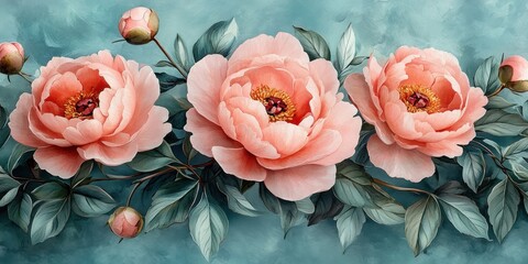 Floral Pattern with Soft Pink Peonies on Light Blue Background Watercolor for Textiles and Wallpaper Design