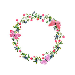 Watercolor wreath on white background. Summer round frame clover and blackcurrant, colorful butterflies, dragonflies, bumblebees. Berry design. Perfect for postcard, poster, card, invitations, wedding