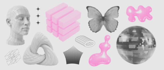 Wireframe 3D geometric shapes set, fi holograms, futuristic mechanisms, engine blueprint, retro futuristic forms in perspective, frontal view. 3D halftone cyberpunk elements. Vector y2k set